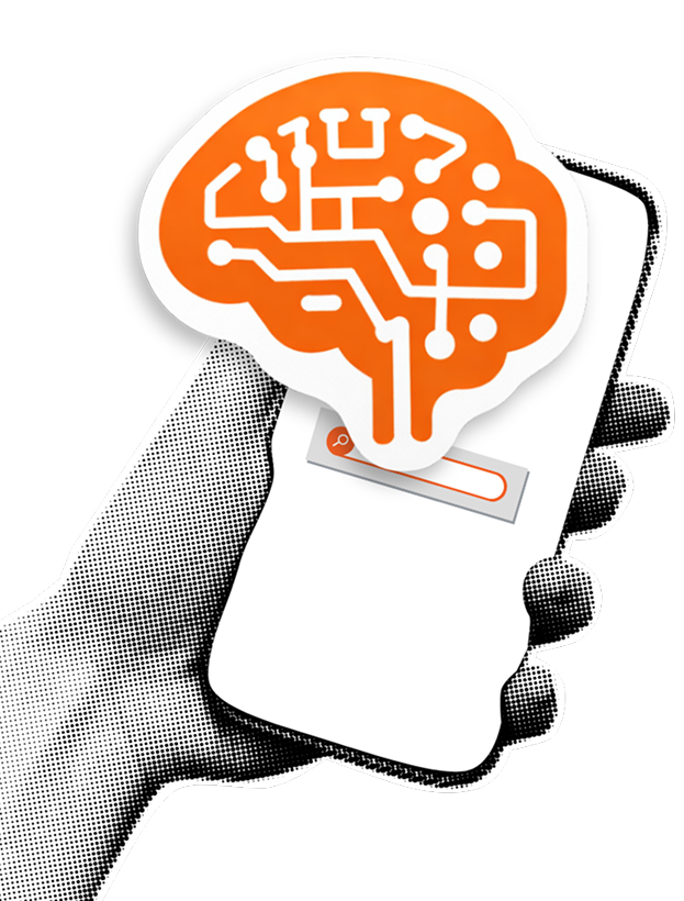 YZE Agency digital brain technology emerging from smartphone representing AI-powered marketing and innovative solutions