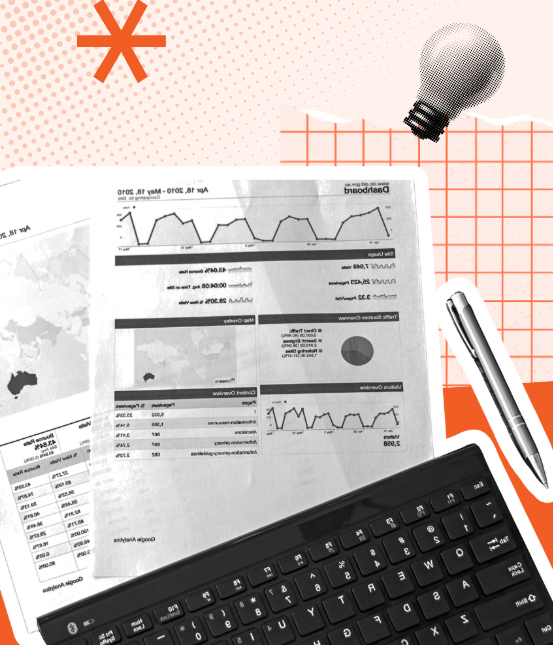 YZE Agency data analytics workspace with charts, graphs, lightbulb, keyboard and pens on orange grid background
