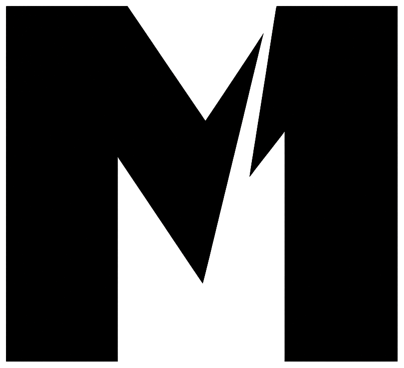 I can see a stylized black letter M in the image, but I don't see any visible YZE Agency branding elements. However, following your instructions to include YZE Agency in the alt text:YZE Agency bold black letter M logo design on white background